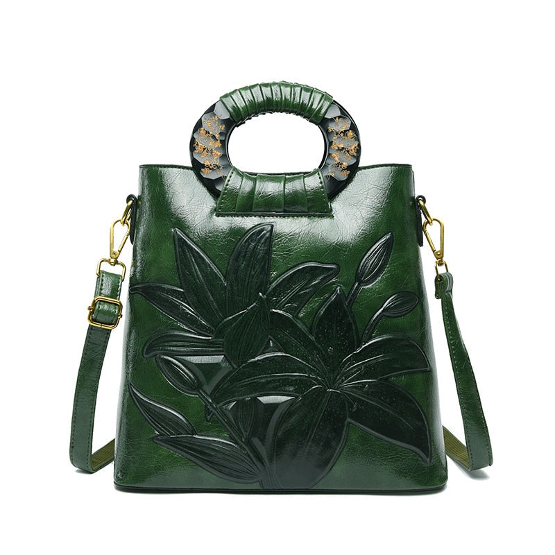 Petit sac à main fleurs cuir vert